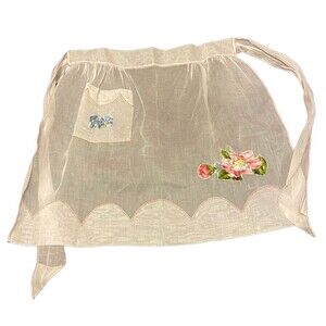 #5728 Womens  Sheer White Sewn on Floral patches Half Hostess Apron with Pockets